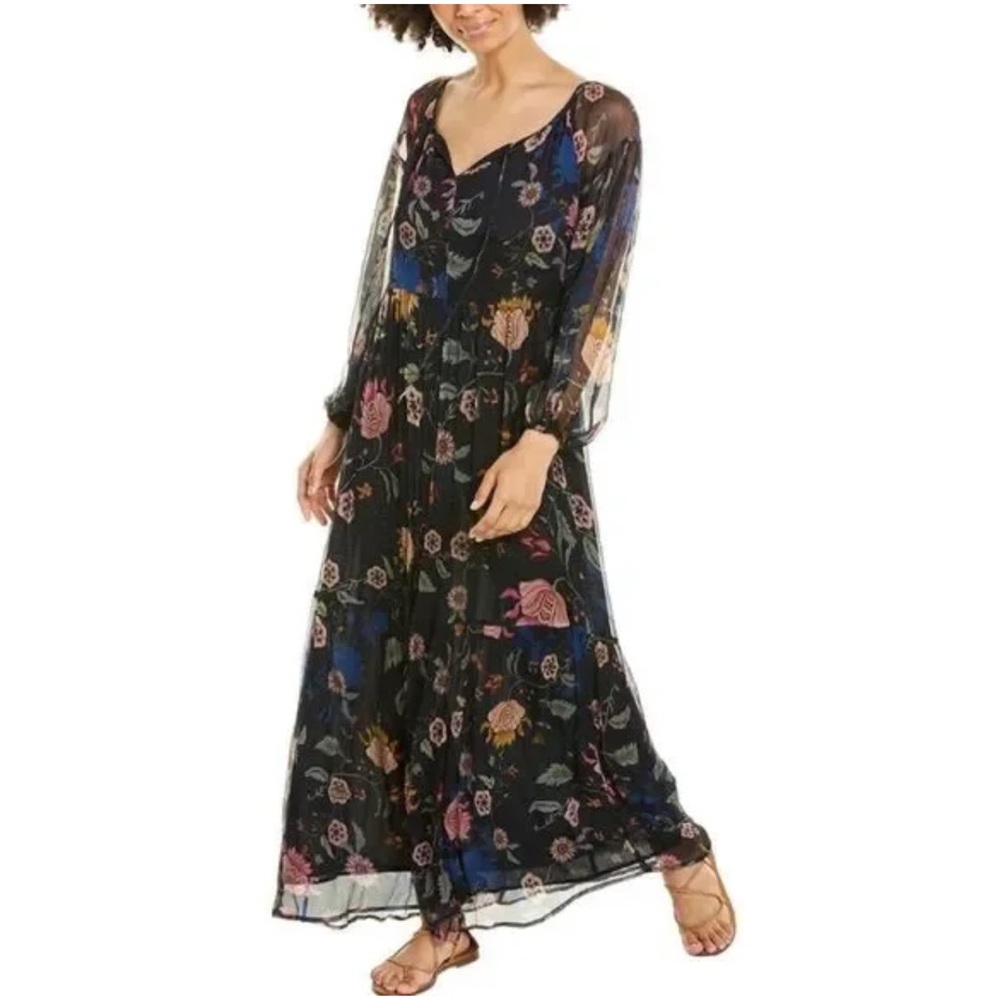 JOHNNY WAS NAVY BLUE GREEN FLORAL PRINT SILK SHEER LONG SLEEVE TAURI MAXI DRESS - Picture 4 of 13